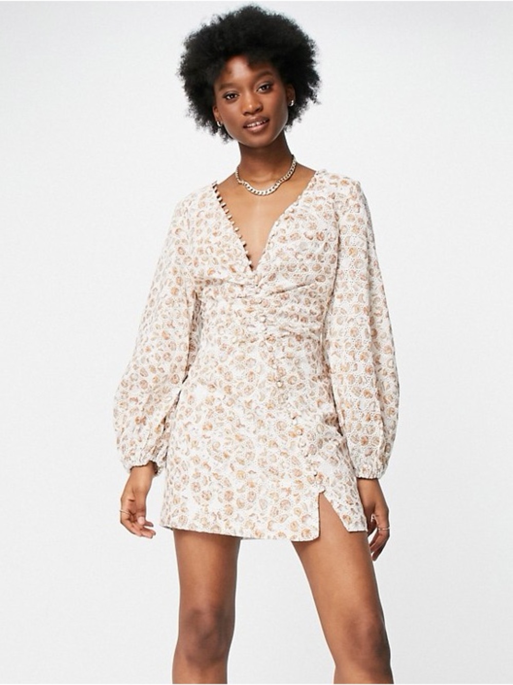 Bardot Cream Floral V-Neck Long Sleeve Mini Dress